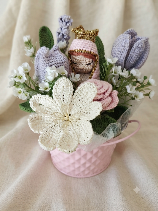 Cesta de flores com Virgem Maria