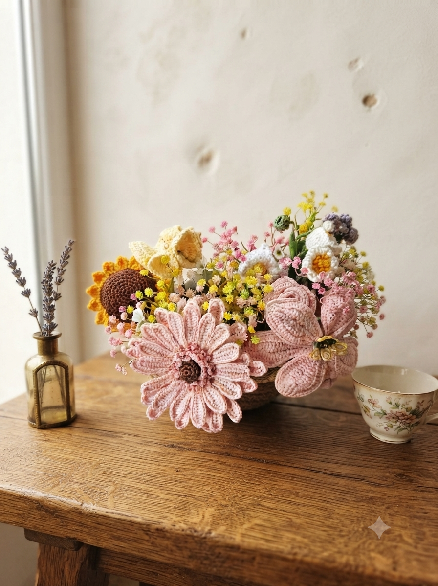 Primavera Eterna: Cesta de Flores de Crochê e Elementos Secos